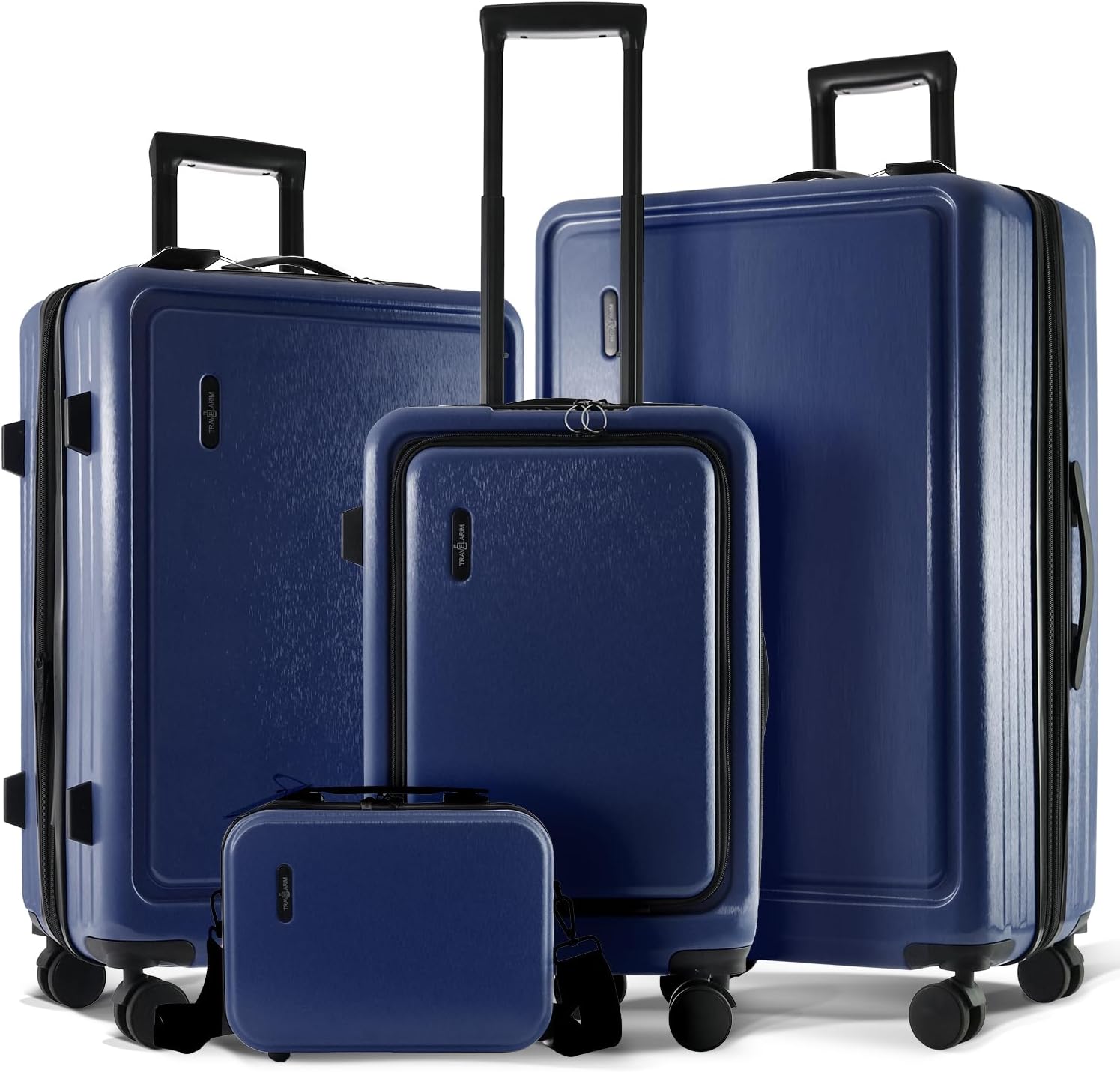 Durable 3-piece suitcase set plus cosmetic case. Features 360° spinner wheels, USB charging port, laptop compartment, and impact-resistant protection.